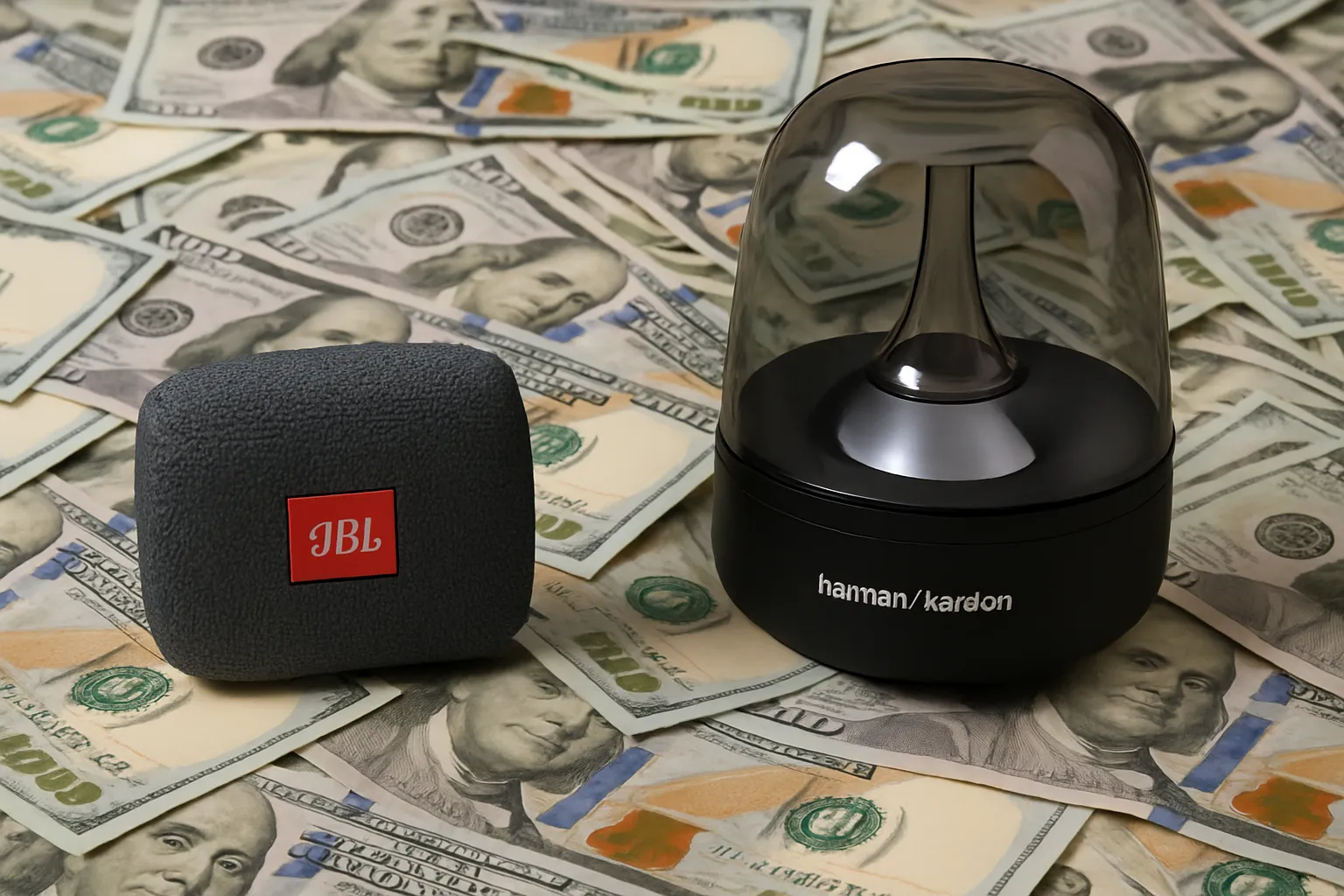 دو اسپیکر JBL و Harman Kardon روی اسکناس‌های دلاری؛ نماد تنوع قیمت اسپیکرها