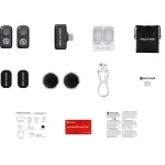 لوازم جانبی و محتویات جعبه میکروفون بی‌سیم هالی‌لند LARK A1 Mini Duo Type-C شامل فرستنده‌ها، گیرنده، کیس شارژ، کابل USB-C و بادگیر.