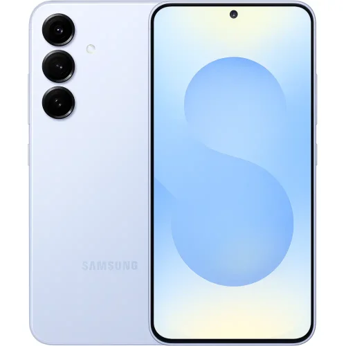 گوشی Galaxy S25 FE بنفش با نمایشگر روشن و دوربین سه‌گانه